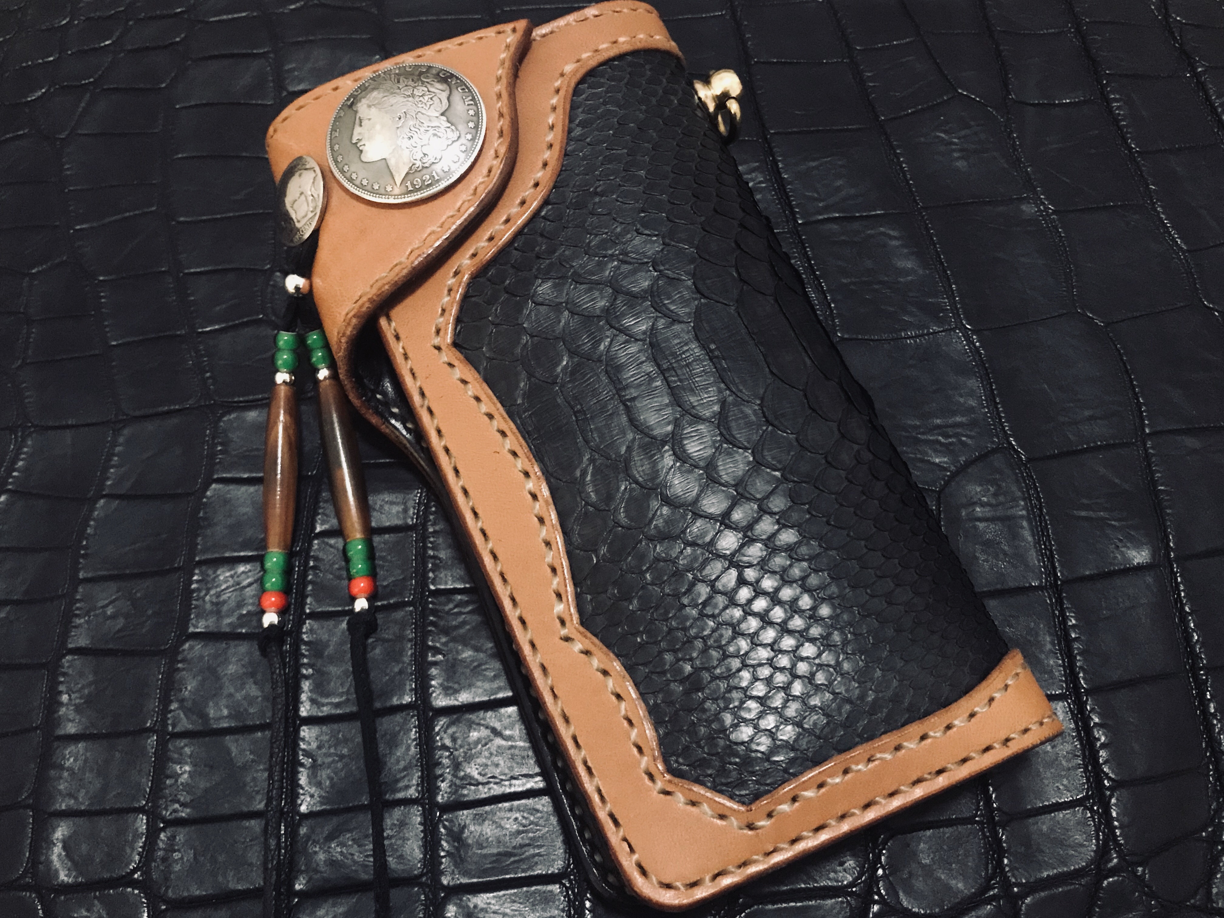 栃木レザー長財布 Gravy Leather ハンドメイド 高級ロングウォレット Gravy Leather ブラック パイソン×栃木レザー ライダース ロング