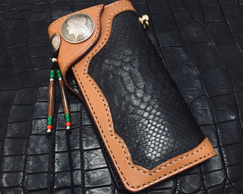 栃木レザー長財布 Gravy Leather ハンドメイド 高級ロングウォレット Gravy Leather ブラック パイソン×栃木レザー ライダース ロング