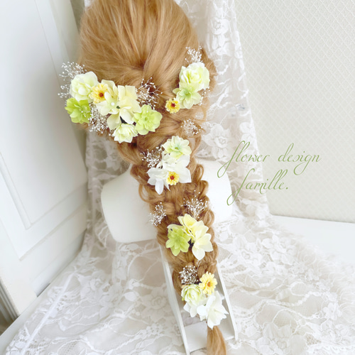 105.ライトグリーン&イエロー&ホワイトカラーグラデーションの髪飾り