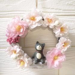 〔13〕布リース さくらリース うさぎ (ピンク・ベージュ) ひなまつりに♪桜と桃の布リース〜うさぎのお雛様つき〜 リース
