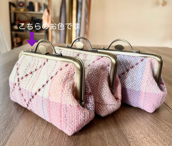 手織り桜色の押し口がまポーチ　（桜ピンク×ブルー）） 8枚目の画像