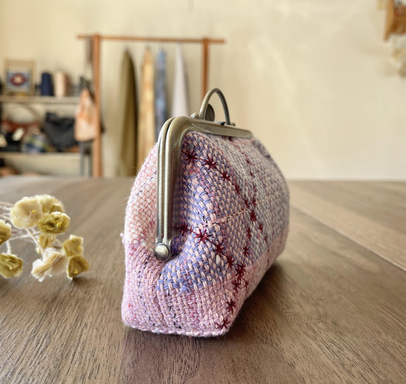手織り桜色の押し口がまポーチ　（桜ピンク×ブルー）） 7枚目の画像