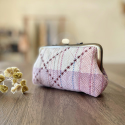 手織り桜色の押し口がまポーチ　（桜ピンク×ブルー）） 3枚目の画像