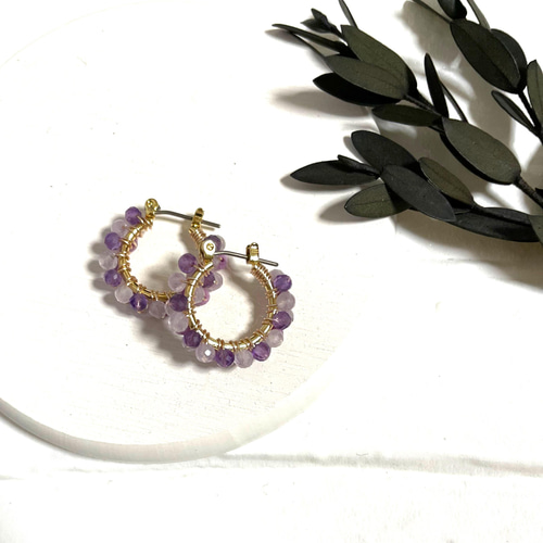 チタンポスト♢紫陽花色パープルmix 天然石のマルチカラーダブルライン 