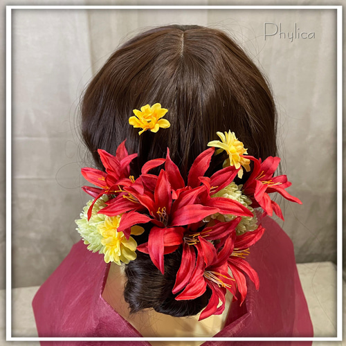 赤い造花ブーケとヘアパーツ　和装 赤い造花ブーケとヘアパーツ 和装 どこから見ても可愛い♡赤の髪飾り