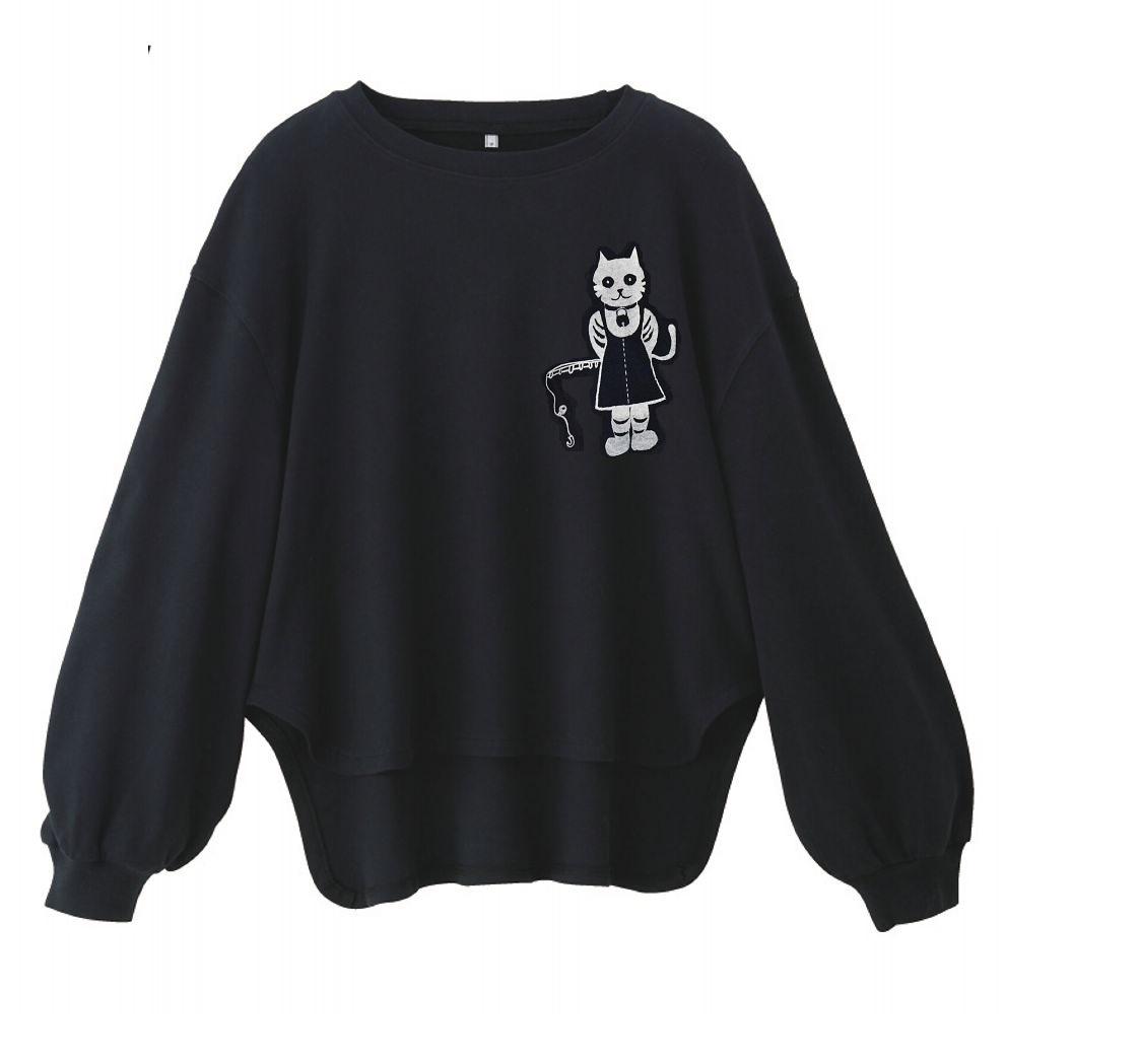 ネコ柄　レディースボリュームスリーブTシャツ　綿100%