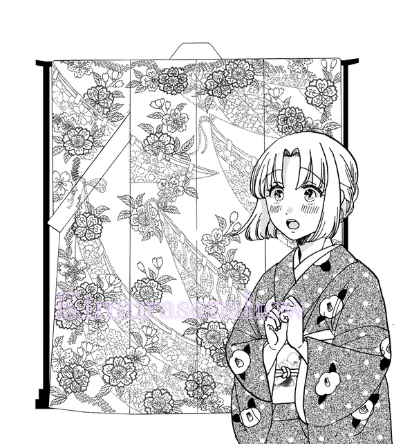 【乙女のキモノぬり絵・木村のひながた】vol.５ちづるちゃんの振袖　漫画家・山崎零✖️染色作家・奥野むつみ（木村染匠） 5枚目の画像