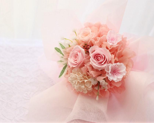 商品名【咲桜】ゆきこ♥ピンクローズと桜の花束風スワッグリース 春