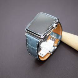 【新作】高級革使用Apple Watch クロコダイル革 ワニ革 バンド 時計ベルト グレイーD86総手縫い製作 9枚目の画像