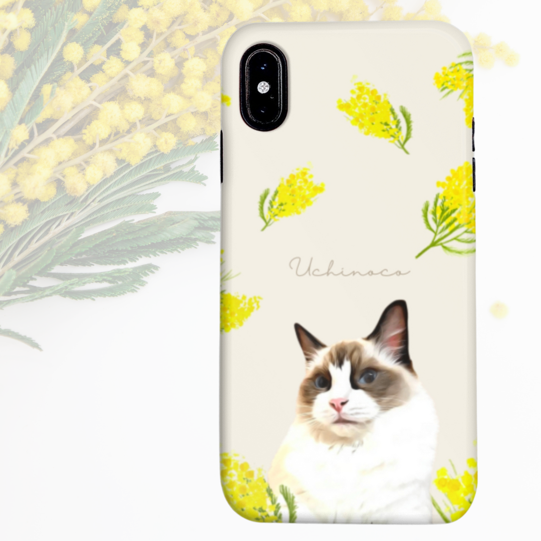 【スマホケース/ミモザとuchinoco】うちのこ ペットイラスト 猫　犬　うさぎ