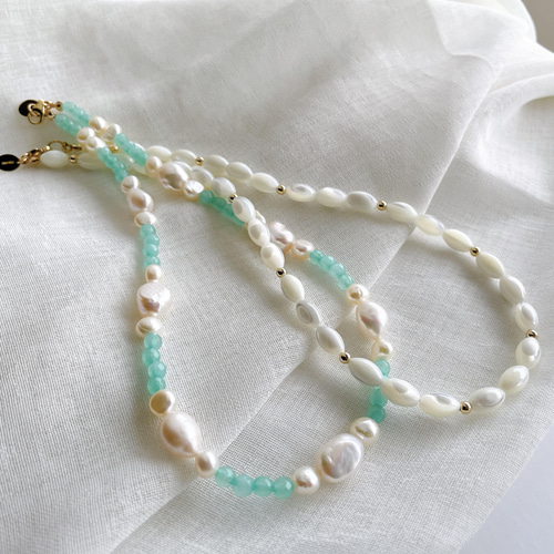 クリスタル＆マザーオブパール ビーズネックレス nol 再販♪【14kgf】マザーオブパール×goldbeads ショートネックレス