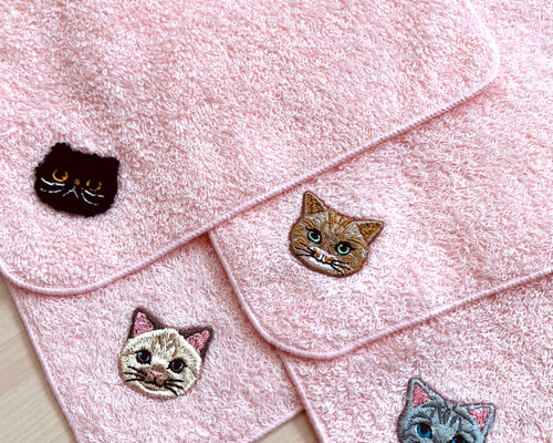♡桜ピンク♡の猫さん刺繍の泉州タオルハンカチ♬ ハンカチ