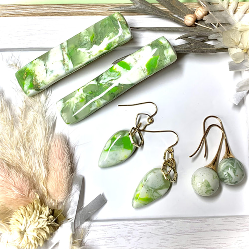 大理石風ヘアピン＆ピアスset(グリーン1) ヘアピン Fox＊y 通販  