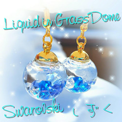 【399】ガラスドームのイヤリング／ピアス／スワロフスキービーズ ꫛꫀꪝ✨液体ガラスドーム スワロフスキー スノードーム ピアス 雫
