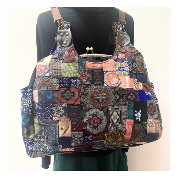大島紬&正絹 パッチ 特大 がま口バッグ あおり リュックショルダー  