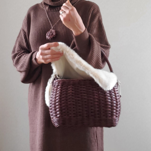 内布チェック柄ワンハンドル籐かごバッグ◇◇オブションのエコファー