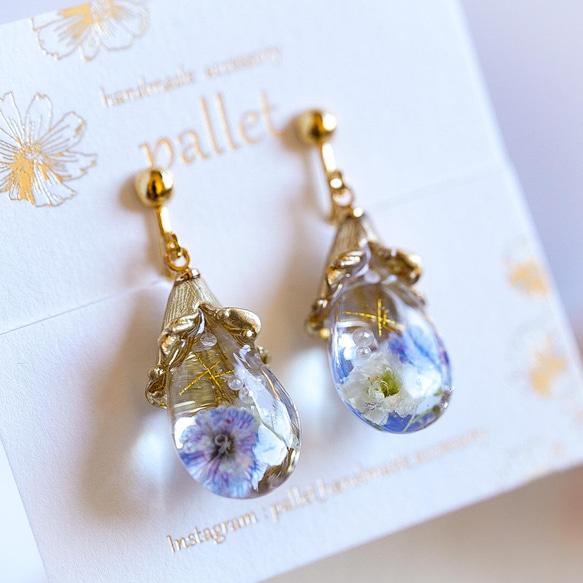アンティーク×雫×かすみ草のピアス、イヤリング ピアス（フック 