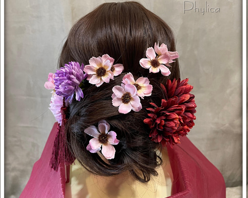 赤色系 花のヘアアクセサリー アートフラワー髪飾り/ヘアパーツ＜和装＞赤ピンク系ミックス