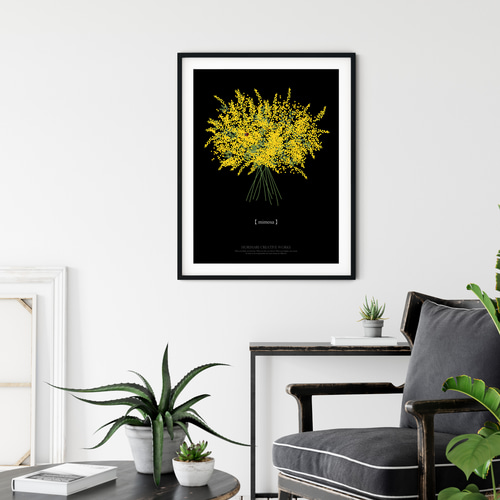 大人っぽいミモザのブーケ】黒背景 インテリア アートポスター Étape76