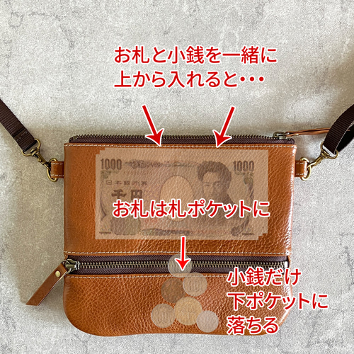 お札と小銭を自動仕分け☆本革お財布サコッシュ（キャメル