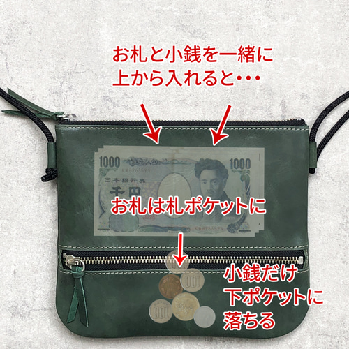 お札と小銭を自動仕分け☆本革お財布サコッシュ（グリーン