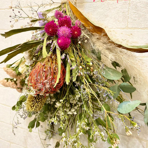 感謝価格‼️ユーカリ＆秋色紫陽花　ナチュラルドライフラワースワッグ　赤いリボン付き 感謝価格‼️ユーカリ＆秋色紫陽花 ナチュラルドライフラワースワッグ