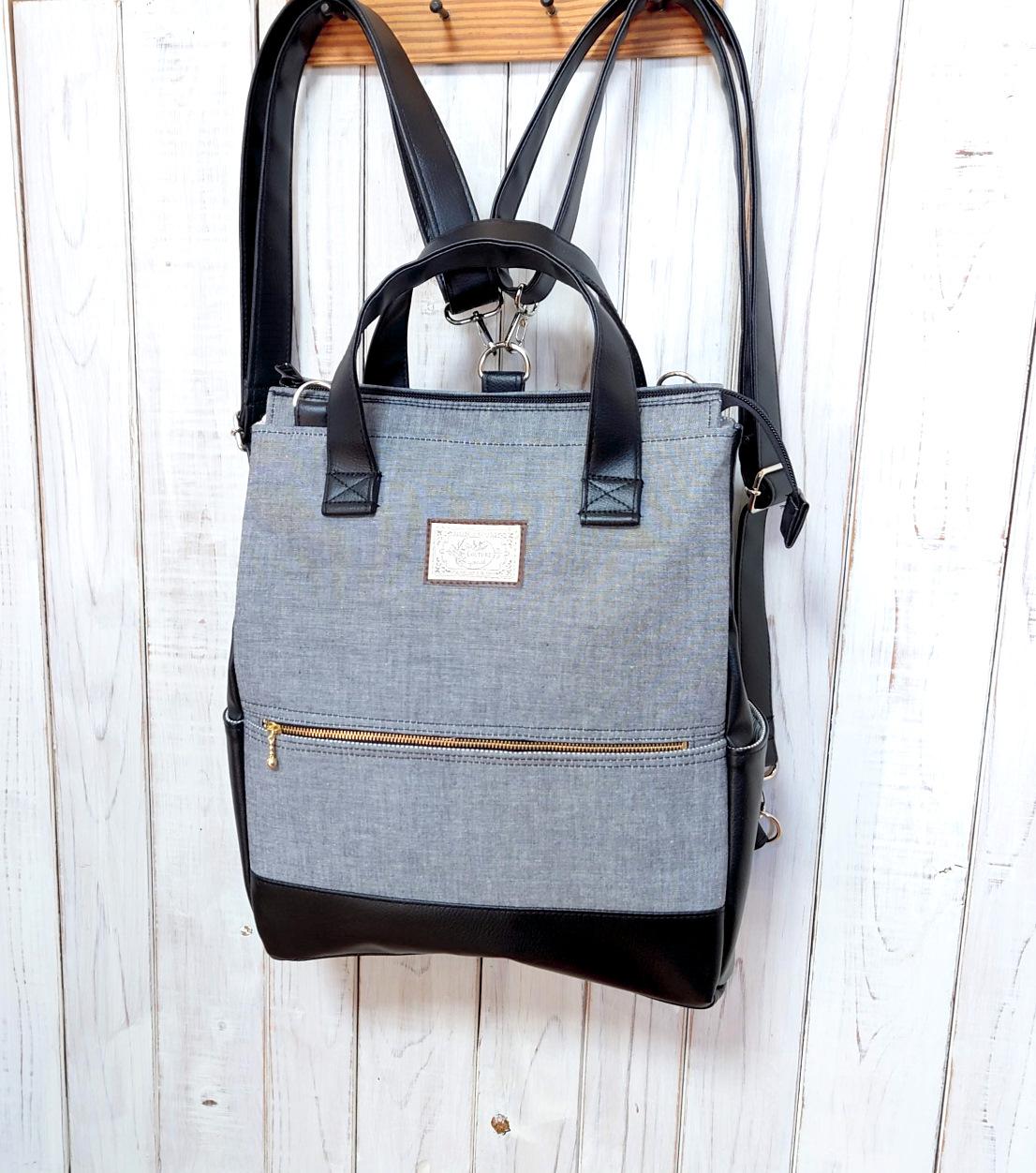 A4ファイル対応4wayネイビーブラックのダンガリー生地と黒の合皮の四角いリュック＋バック