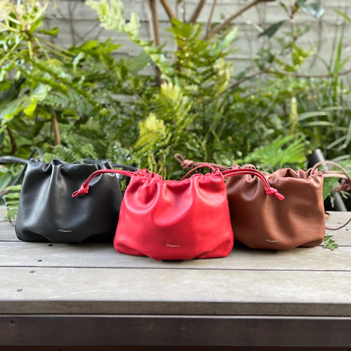 SALE!【RED】コロンと可愛いレザー巾着2wayショルダーバッグ