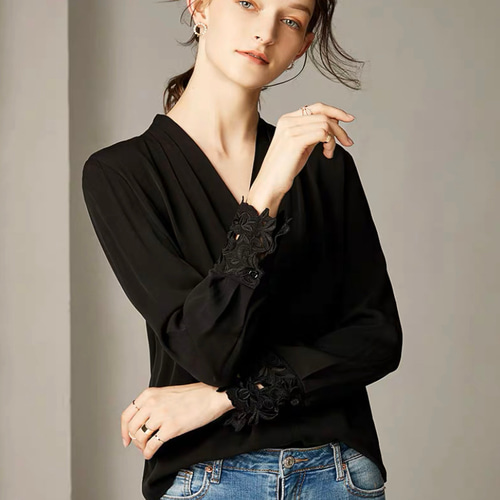 DAMA collection シルクジョーゼット　タックフレアブラウスブラック ATELIER COLLECTION】ヴィンテージジョーゼットブラウス(トップス