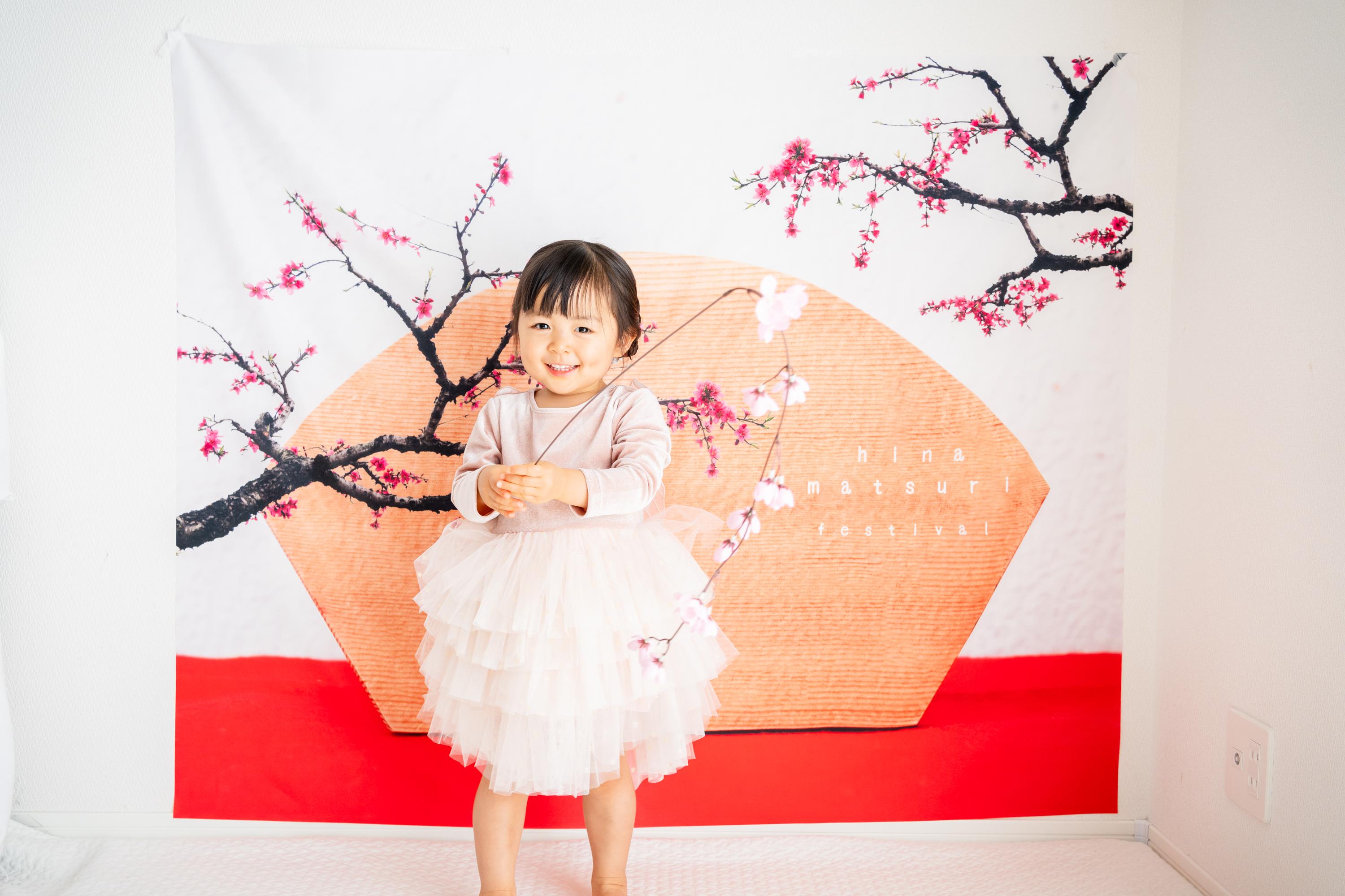 桃の花マット 扇のオルゴール ひな祭りタペストリー 雛飾り 背景布