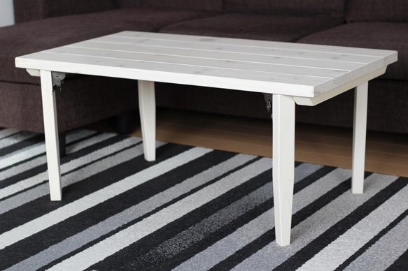 高さ調整無料　木脚の折りたたみ　カフェローテーブル　無垢材使用　ホワイトカラー　90cm×50cm 6枚目の画像