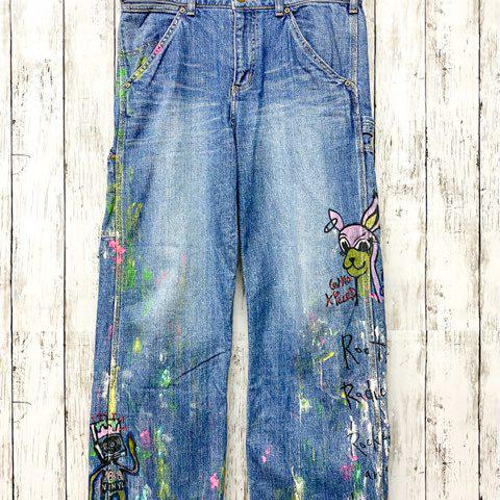 ペイント 手描き デニムパンツ ジーンズ ボトム SW1-55 ロング ペイント 手描き デニムパンツ ジーンズ ボトム SW1-55 ロング