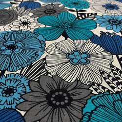 150×50 W幅 北欧風 大きなお花のハーフリネン2 キナリ×ブルー 生地 布 コットン45%リネン55% 5枚目の画像