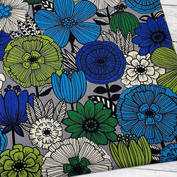 150×50 W幅 北欧風 大きなお花のハーフリネン2 グレー×ブルー 生地 布 コットン45%リネン55% 2枚目の画像