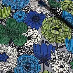 150×50 W幅 北欧風 大きなお花のハーフリネン2 グレー×ブルー 生地 布 コットン45%リネン55% 4枚目の画像