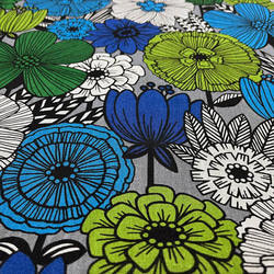 150×50 W幅 北欧風 大きなお花のハーフリネン2 グレー×ブルー 生地 布 コットン45%リネン55% 5枚目の画像