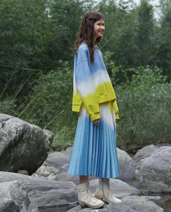 マチャット カラーロングチェックスカート フレア ギャザー 緑 黄色  