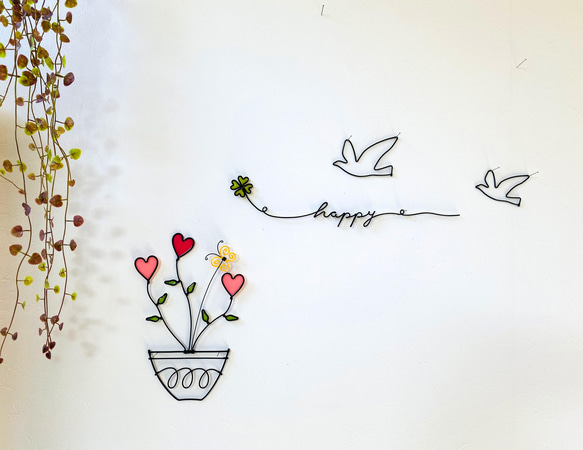 クローバーと鳥　happy  ワイヤークラフト　アート　壁飾り　可愛い　おしゃれ　インテリア　シンプル　雑貨　スワッグ 3枚目の画像
