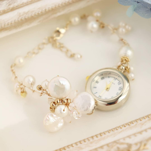 淡水パールフラワーのブレスレットウォッチ.:*:・ 