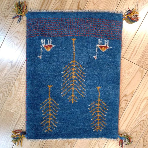 新規入荷】ペルシャ ギャッベ 玄関マット 44×59cm ブルー ラクダ