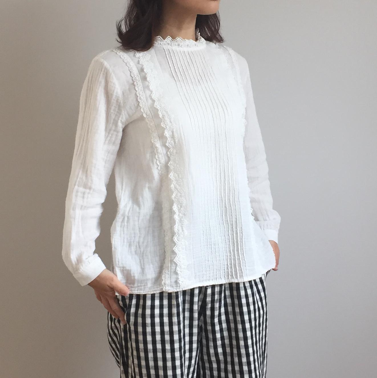 Wガーゼフリルスタンドカラーブラウス ホワイト111022