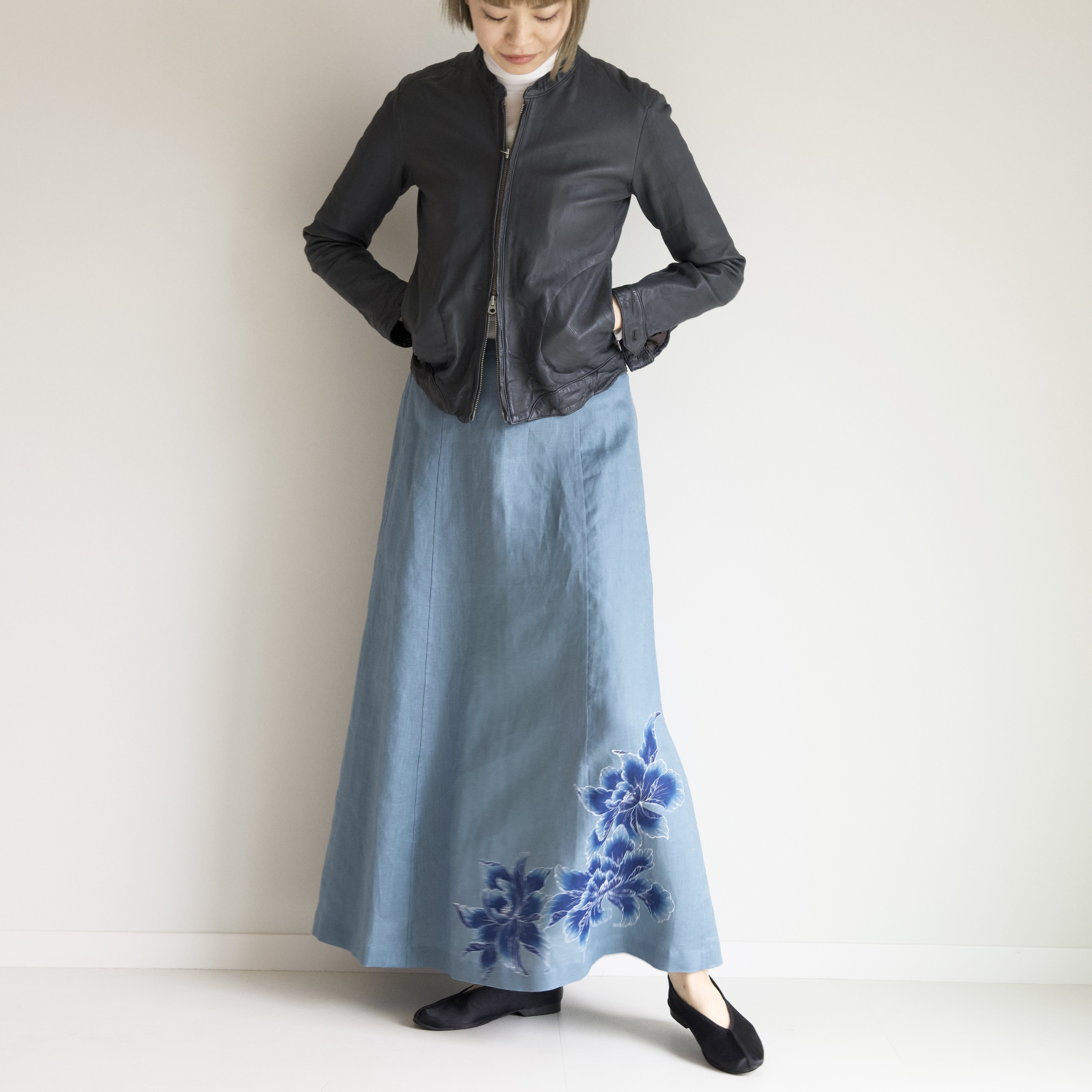 【手描き】牡丹/ウエスト調節可能/後ろギャザースカート