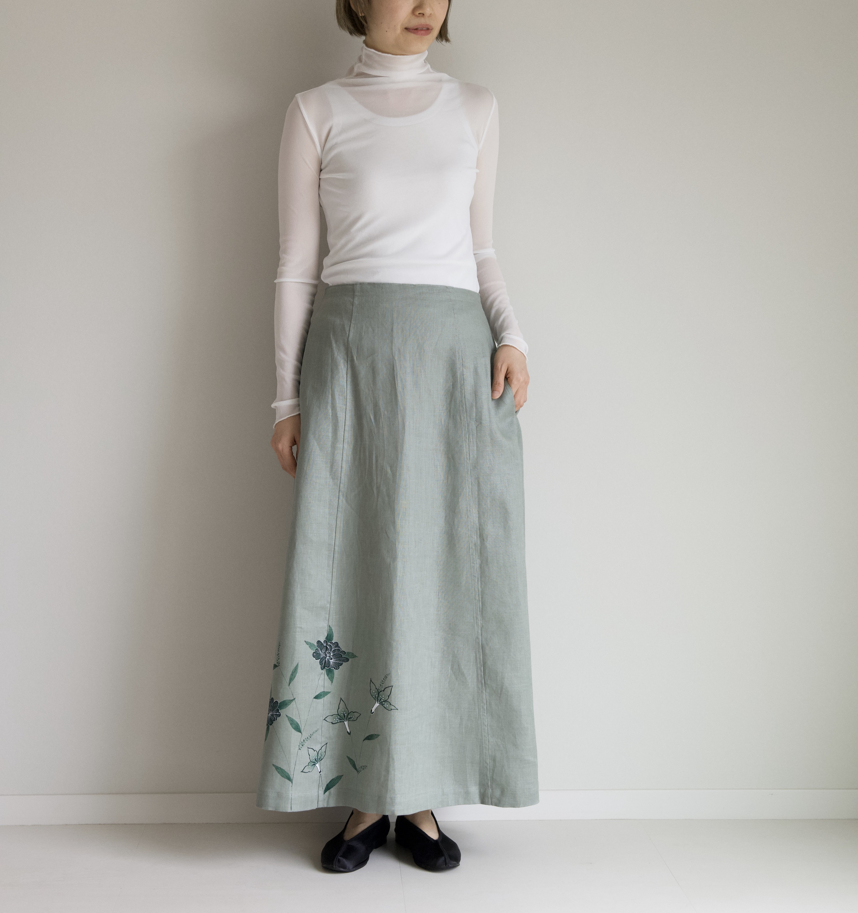 【手描き】更紗/ウエスト調節可能/後ろギャザースカート