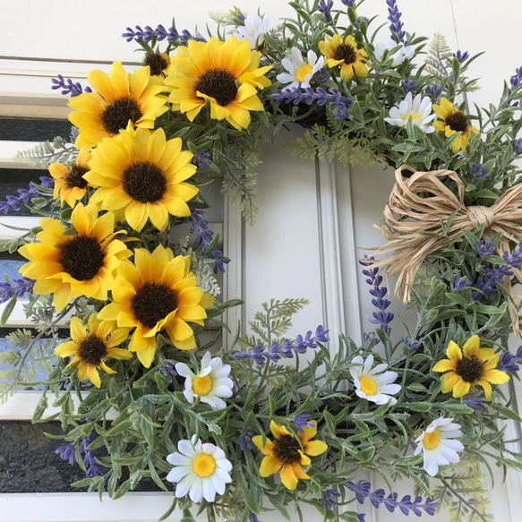 【再販ｘ6】太陽の花ひまわりとラベンダーのサマーリース（34cm）（受注制作） 3枚目の画像