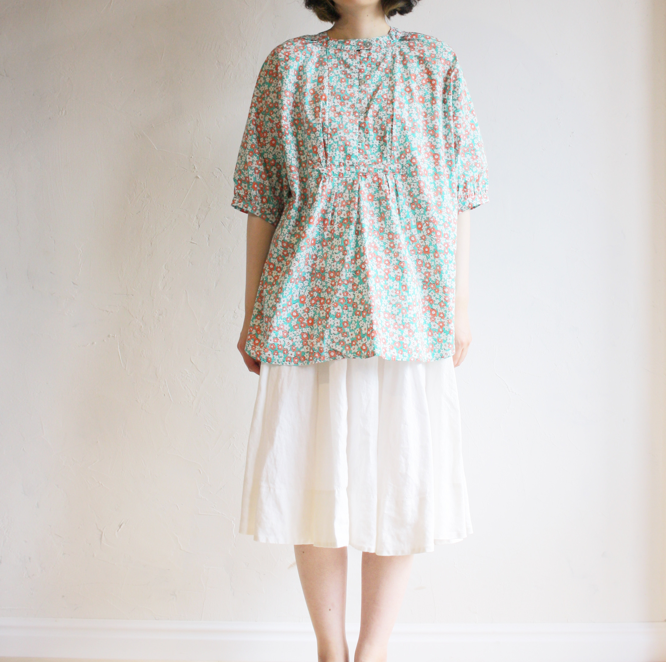 【春の超早割15％OFF】５分袖チュニック フラワーオレンジ×ミント 111020