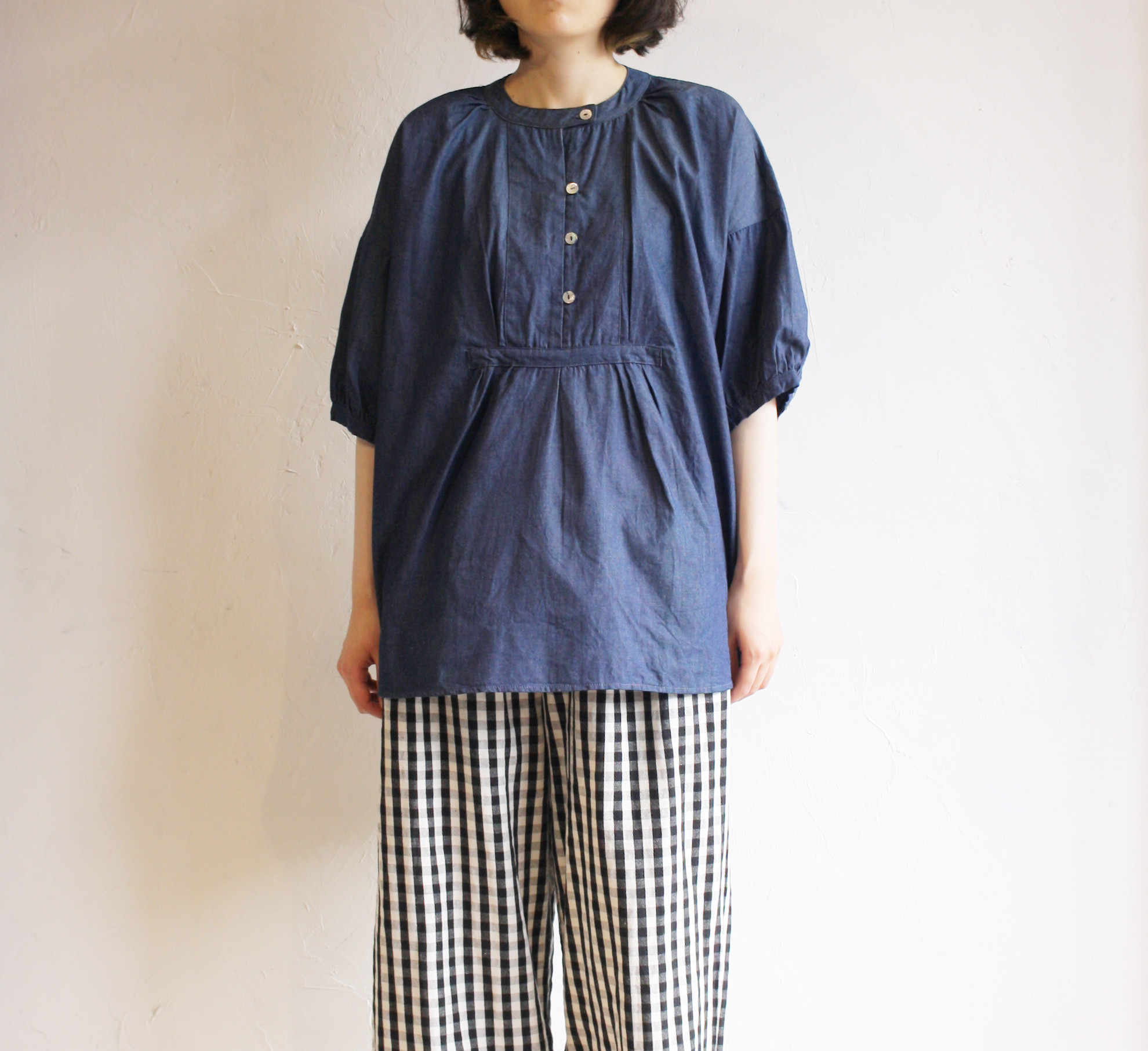 【春の超早割15％OFF】やわらかデニムの５分袖チュニック デニム 111021