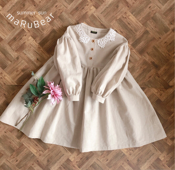 ■ホワイトレースとコットンリネンのワンピース/ MARUBEAR■ 1枚目の画像