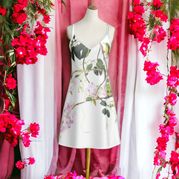 【受注生産】八重桜とメジロスリップドレス　ショート丈 2枚目の画像