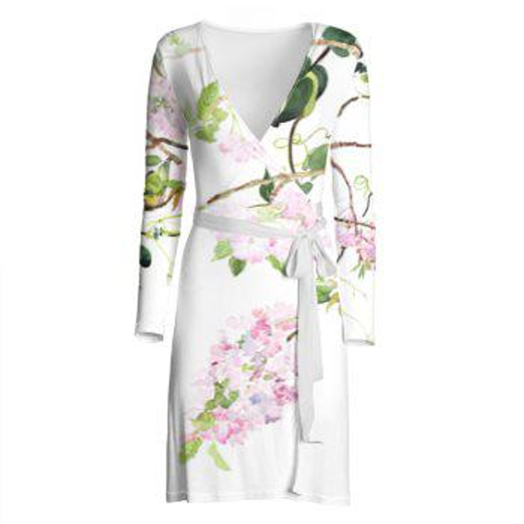 【受注生産】八重桜とメジロ　ラップドレス　ワンピース 4枚目の画像