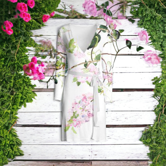 【受注生産】八重桜とメジロ　ラップドレス　ワンピース 8枚目の画像